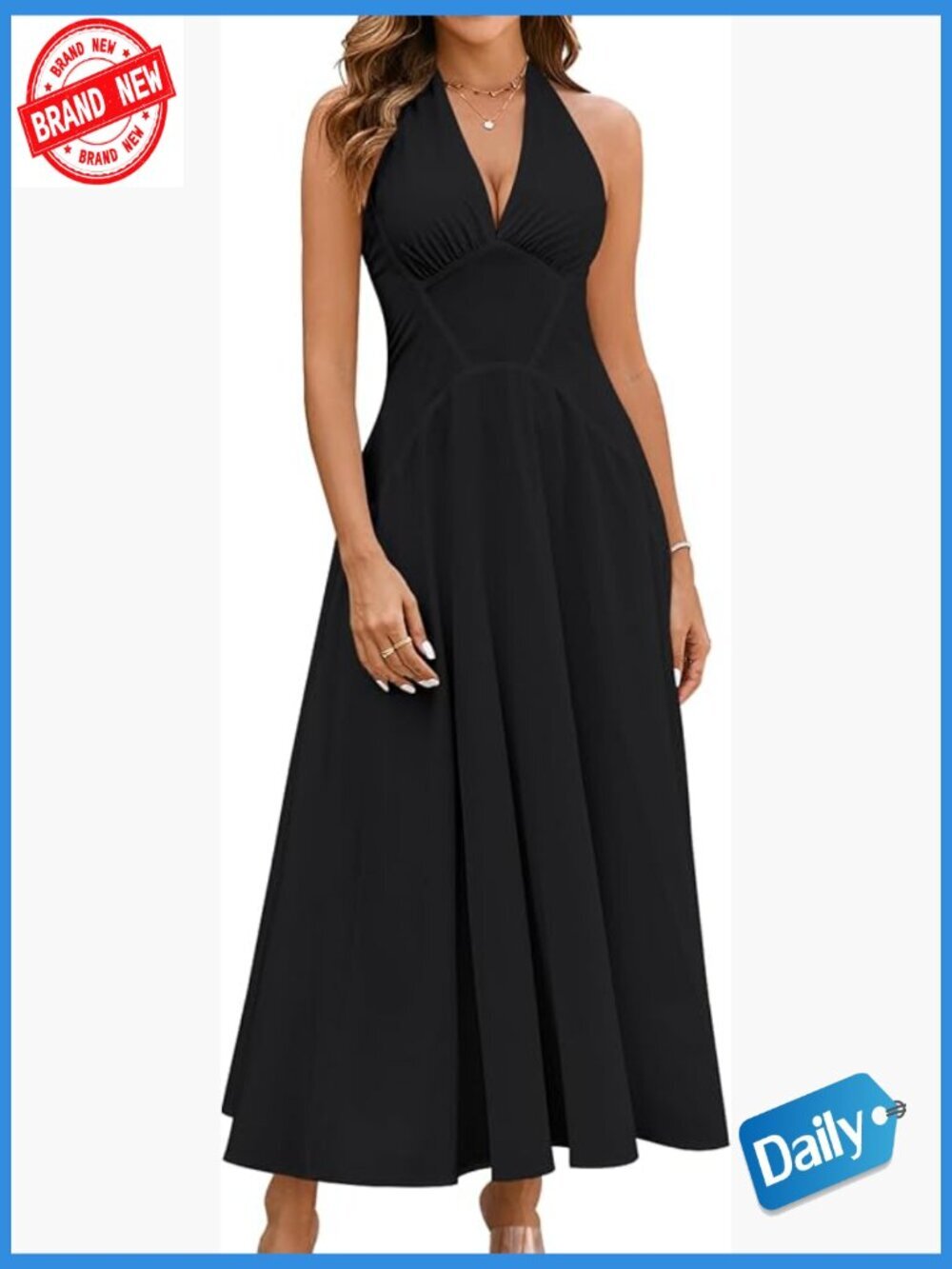 Women's Halter V-Neck Smocked Back A-Line Midi Dress Sleeveless Flowy Sundress